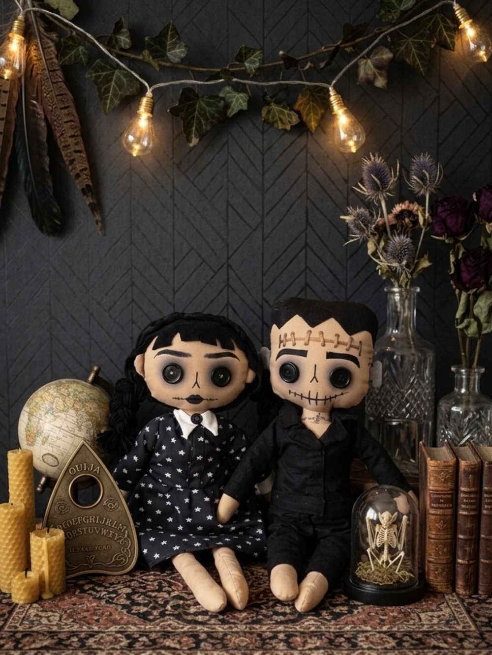 Wednesday Addams & Frankenstein Gothic unique Rag Dolls set - Button Eyes Boho